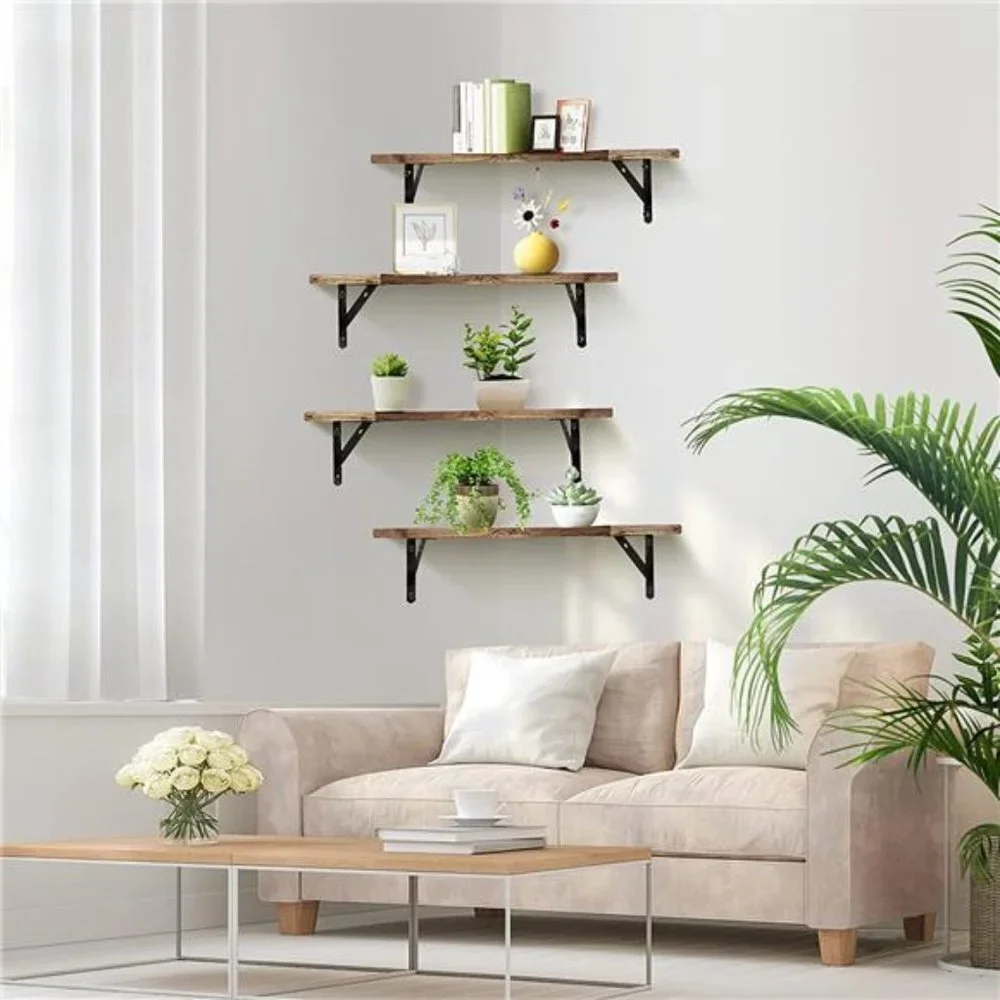 Corner Floating Shelves Wall Mounted Set of 4, Rustic Wood Wall Storage Shelves